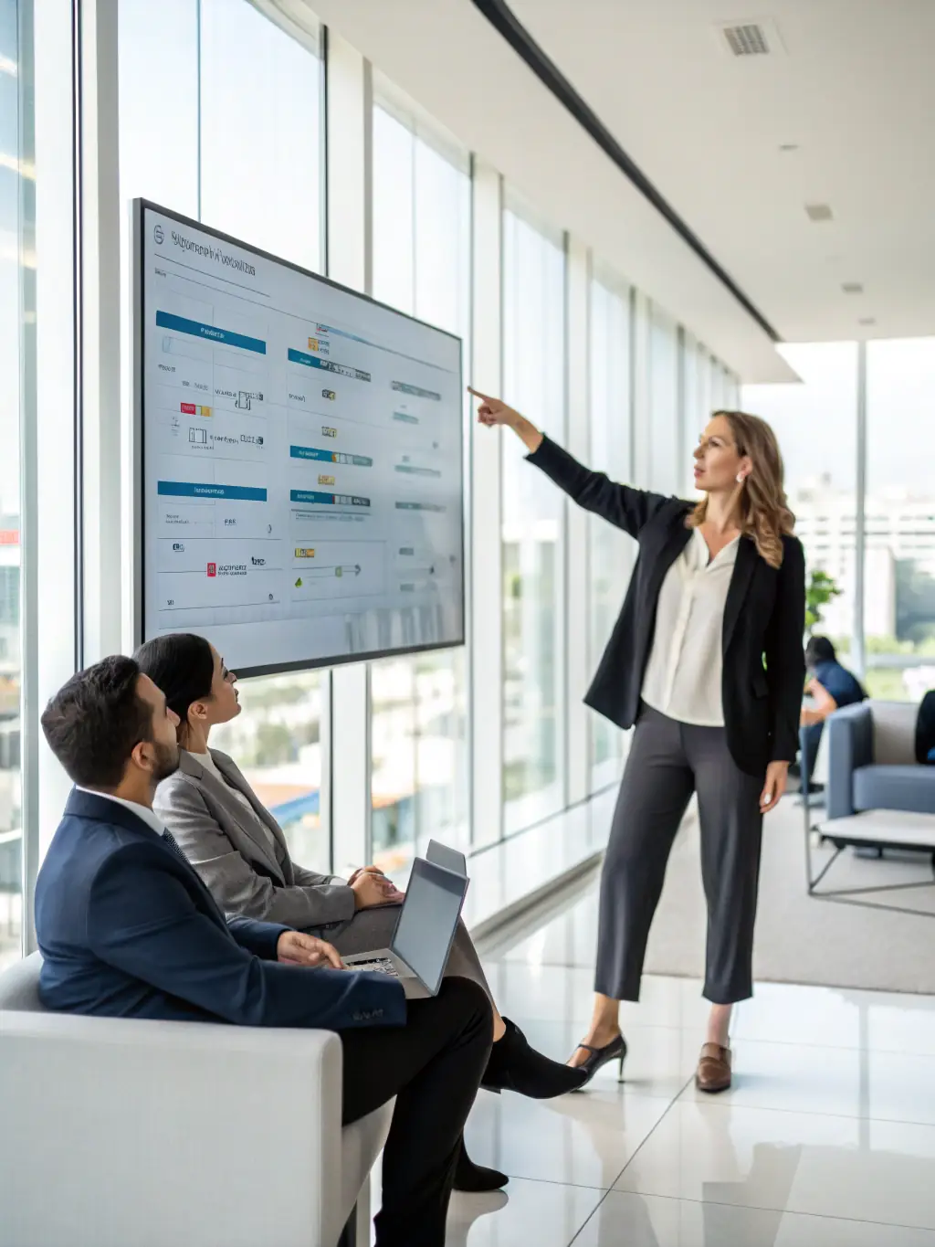 A consultant from Brand Articulate is presenting a detailed report to a client team in a modern office setting, highlighting key findings and recommendations from the Brand Targeting Assessment.