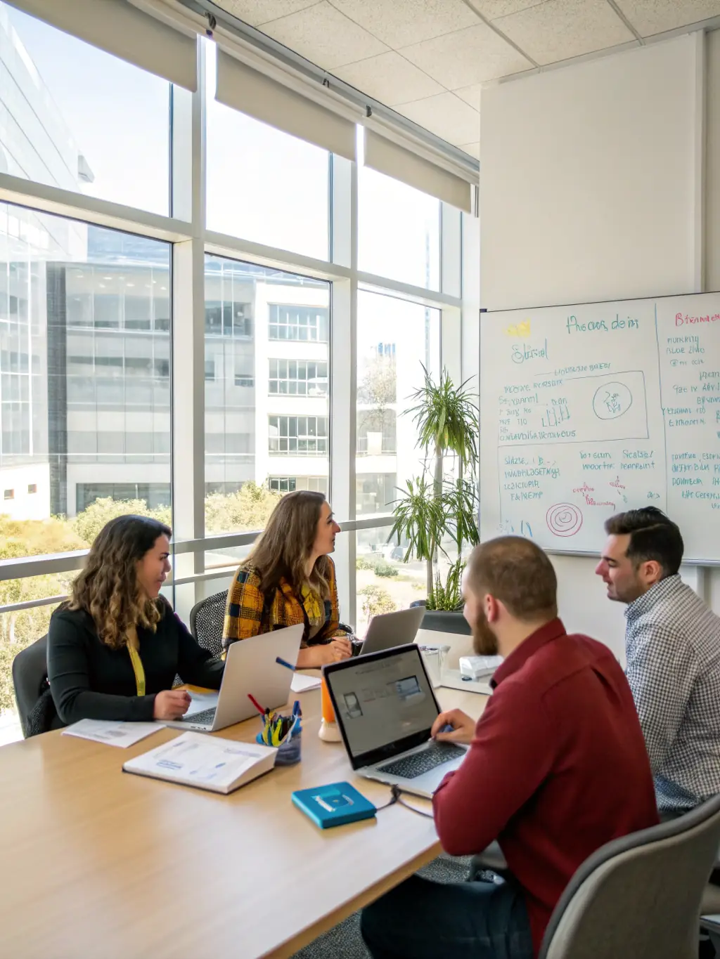 A team of Brand Articulate consultants collaborating on a project, using laptops and discussing strategy in a brightly lit, collaborative workspace.