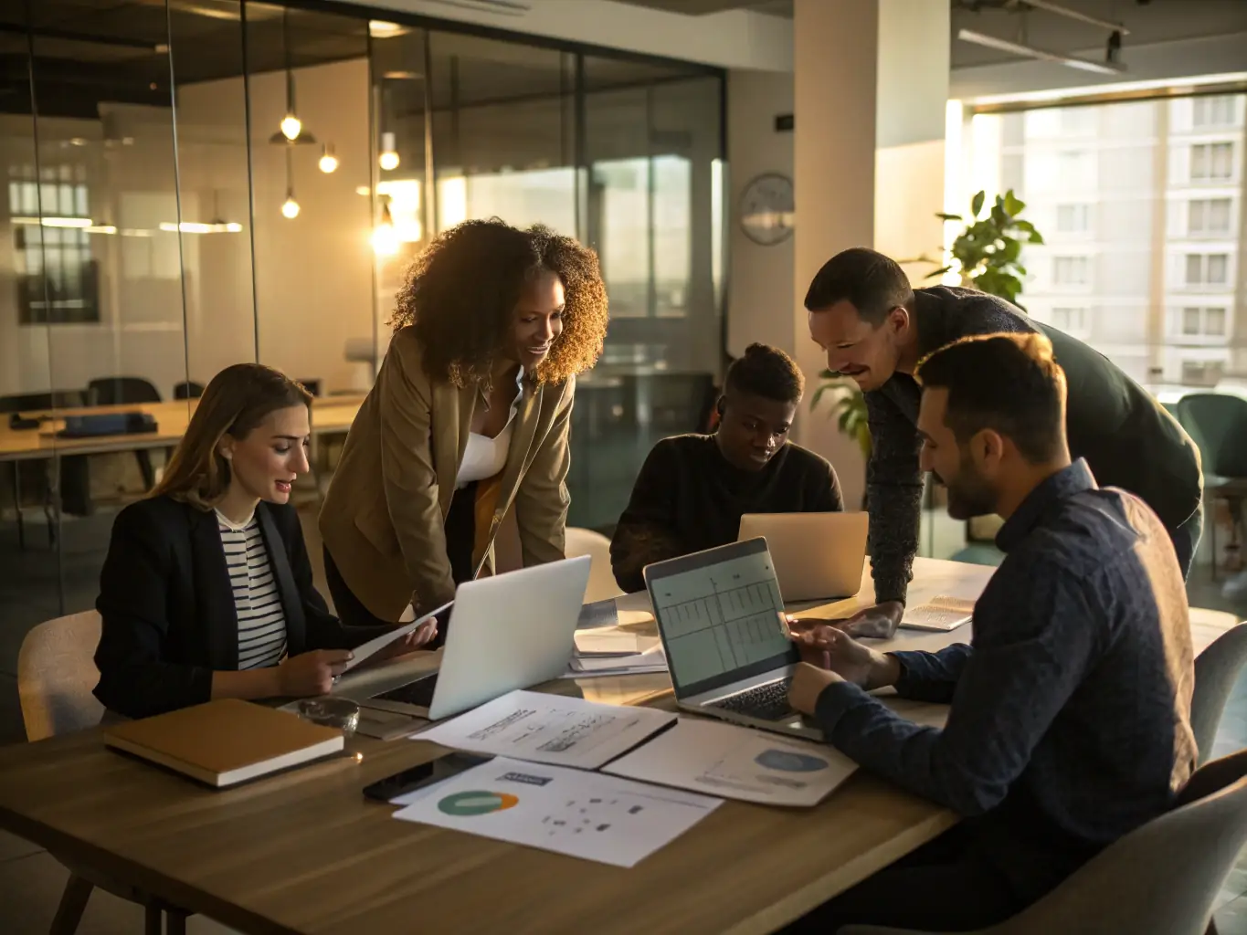 A team working in perfect sync, symbolizing unified execution across all departments, with the Brand Articulate logo subtly integrated into the scene.